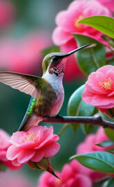 a hummingbird flying over pink flowers