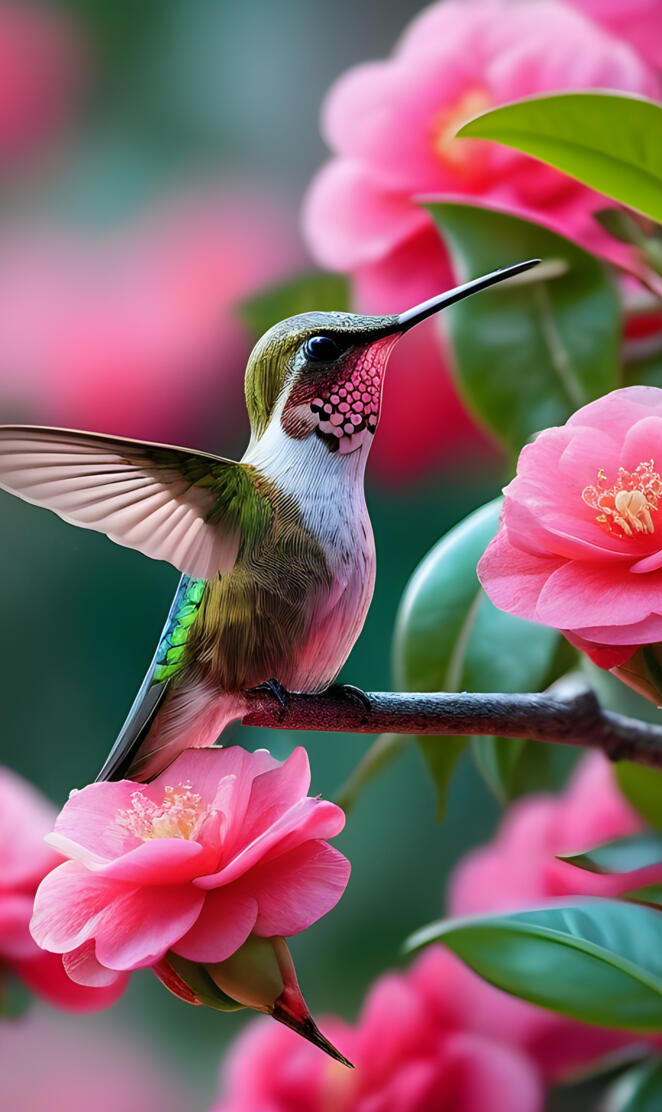 a hummingbird flying over pink flowers