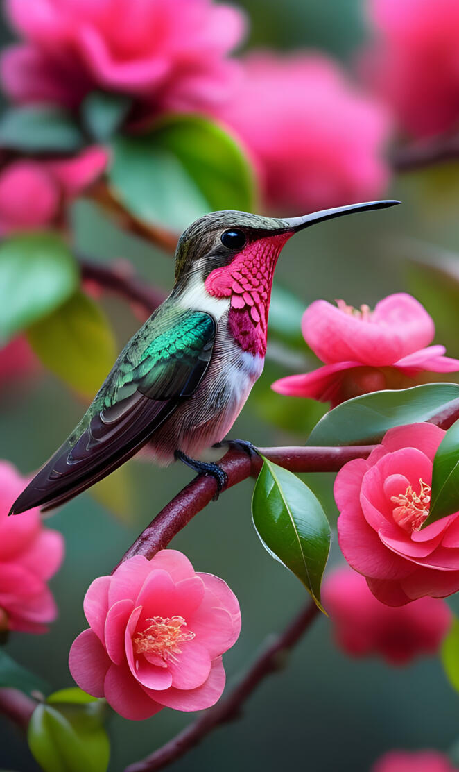 a hummingbird perched on a pink flower