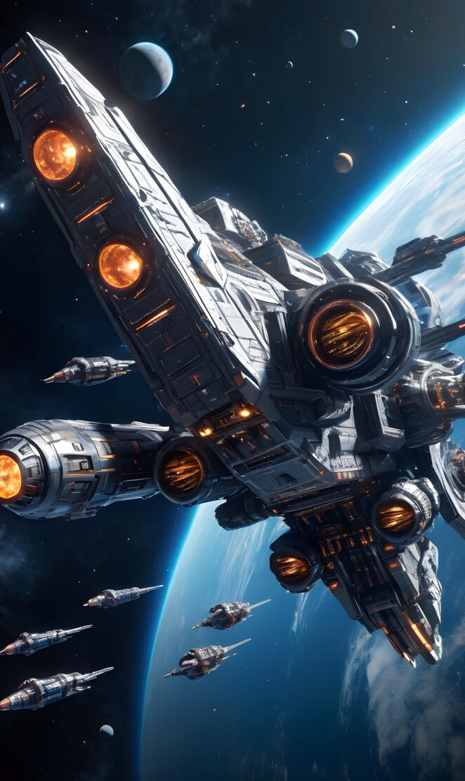 Espaconave giant combat spaceship, with cannons on turrets, in outer s