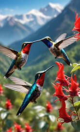 humming birds flying over red honeysuckle