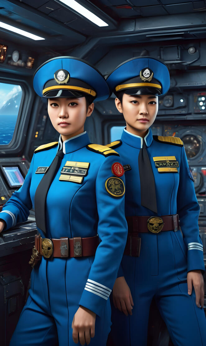 two space captains aboard their spaceship