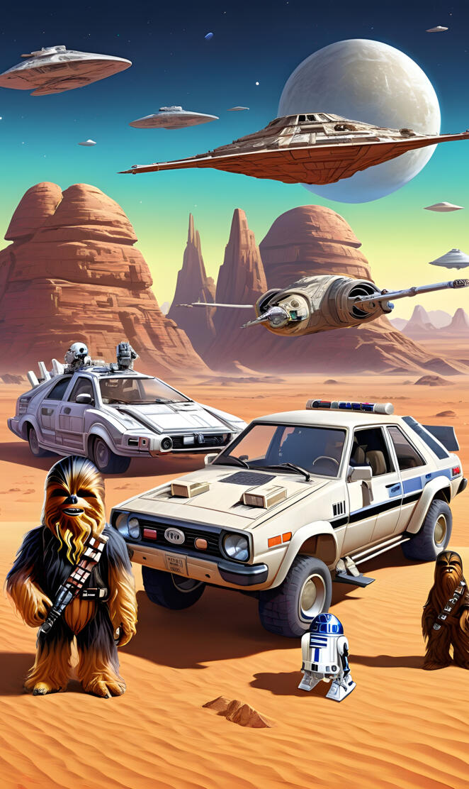 a video game of a car and a robot with a spaceship in the background