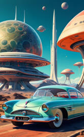 a car parked in front of a wall of spaceships