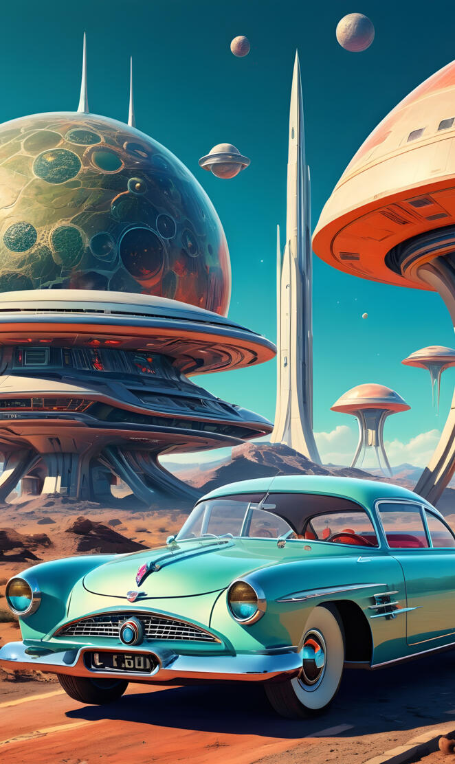 a car parked in front of a wall of spaceships