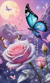 a blue butterfly landing on a pretty pink rose.