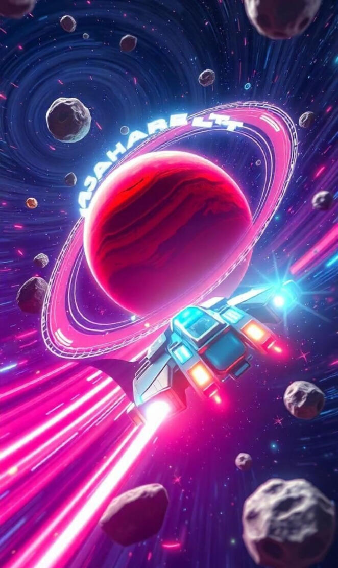 A galaxy with swirling stars and planets, with a spaceship flying thro