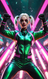 a person with blonde hair and green jacket with the arms up