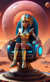 Egypt Queen Cleopatra Piloting her Fly Disk on her spaceship throne