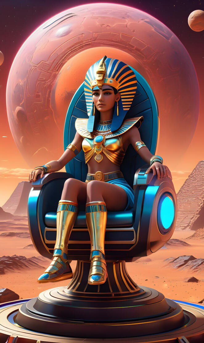 Egypt Queen Cleopatra Piloting her Fly Disk on her spaceship throne