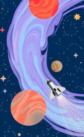 A galaxy with swirling stars and planets, with a spaceship flying thro