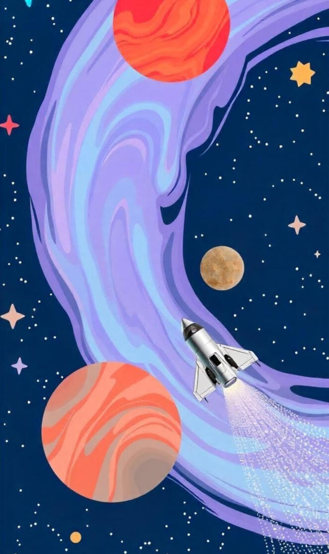 A galaxy with swirling stars and planets, with a spaceship flying thro