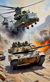 a group of military tanks with a helicopter flying over them