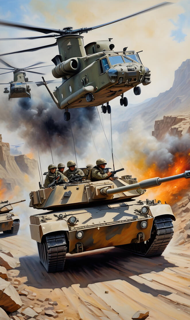 a group of military tanks with a helicopter flying over them