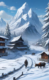 a person walking with horses in the snow