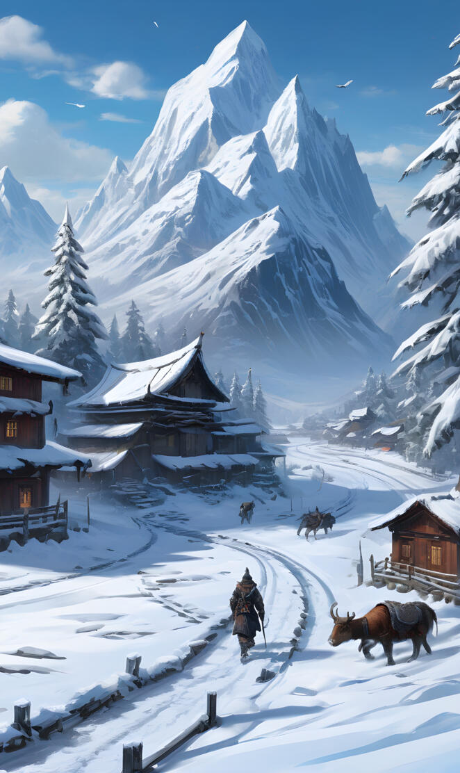 a person walking with horses in the snow