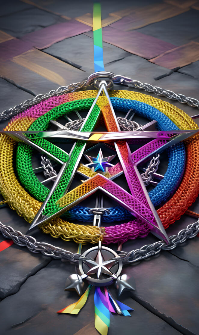 rainbow pentagram with chainmail border