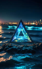 a large blue circular object in the water with a city inside