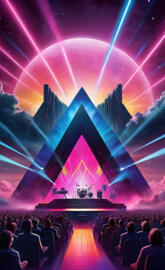 a group of people sitting in a room with a stage and a stage