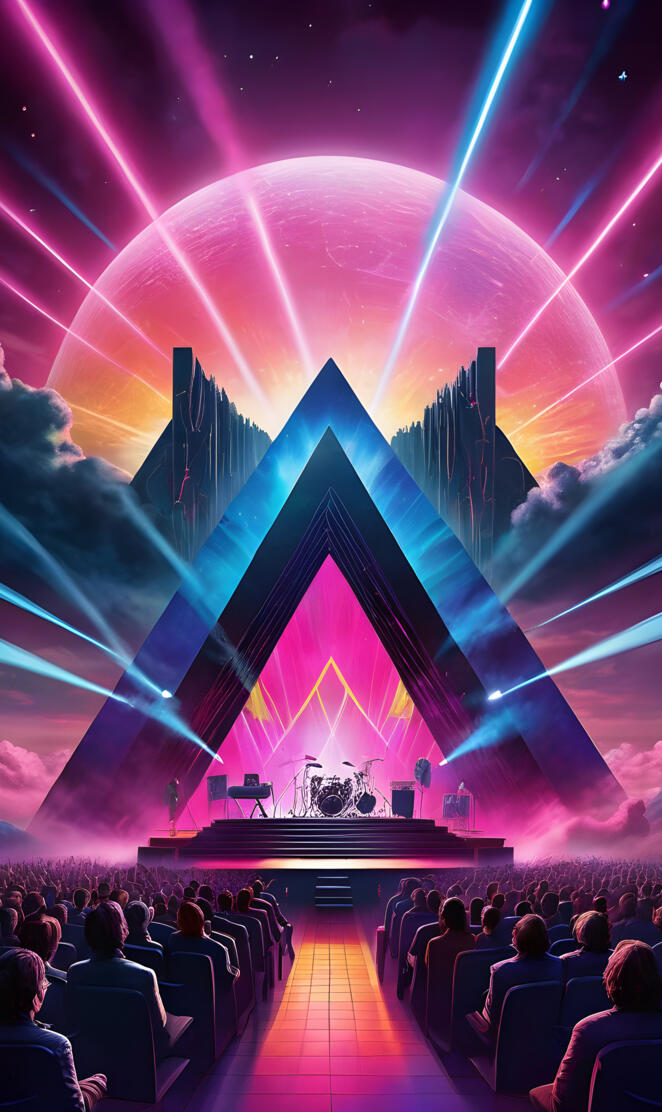 a group of people sitting in a room with a stage and a stage