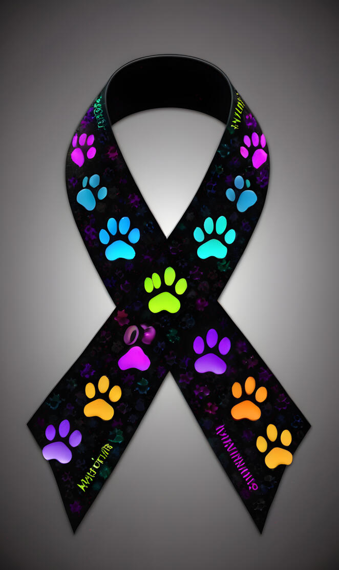 peg awareness ribbon, black with multicolored paw prints
