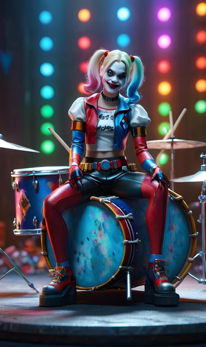 HARLEY QUINN SITTING ON DRUM KIT