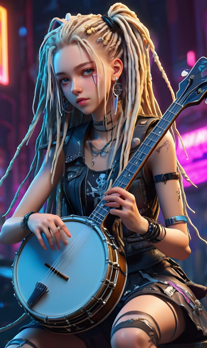 cyber punk girl with blonde dreadlocks playing in banjo,