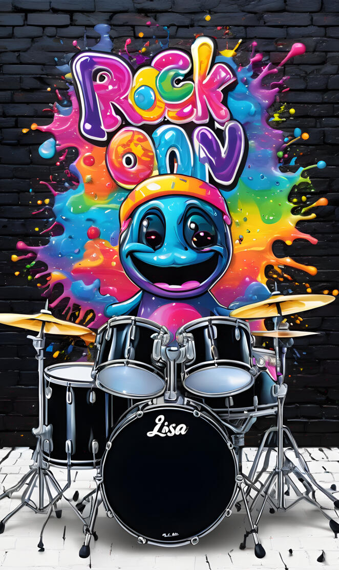 a drum set with a cartoon character