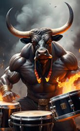 Muscular Bull Playing Drums
