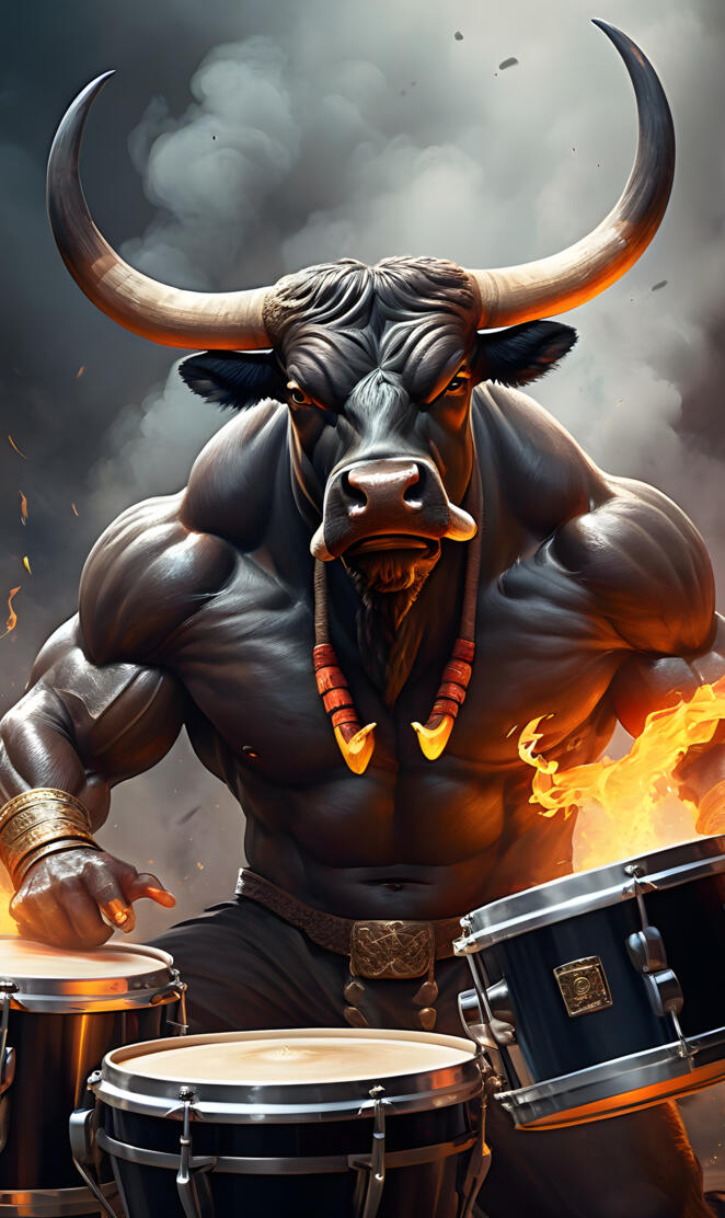 Muscular Bull Playing Drums