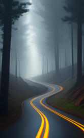 a foggy road with trees on either side of it