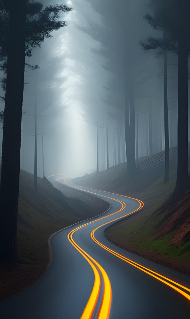 a foggy road with trees on either side of it