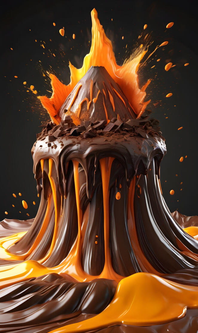 chocolate vulcan,erupting juice orange and ice cream