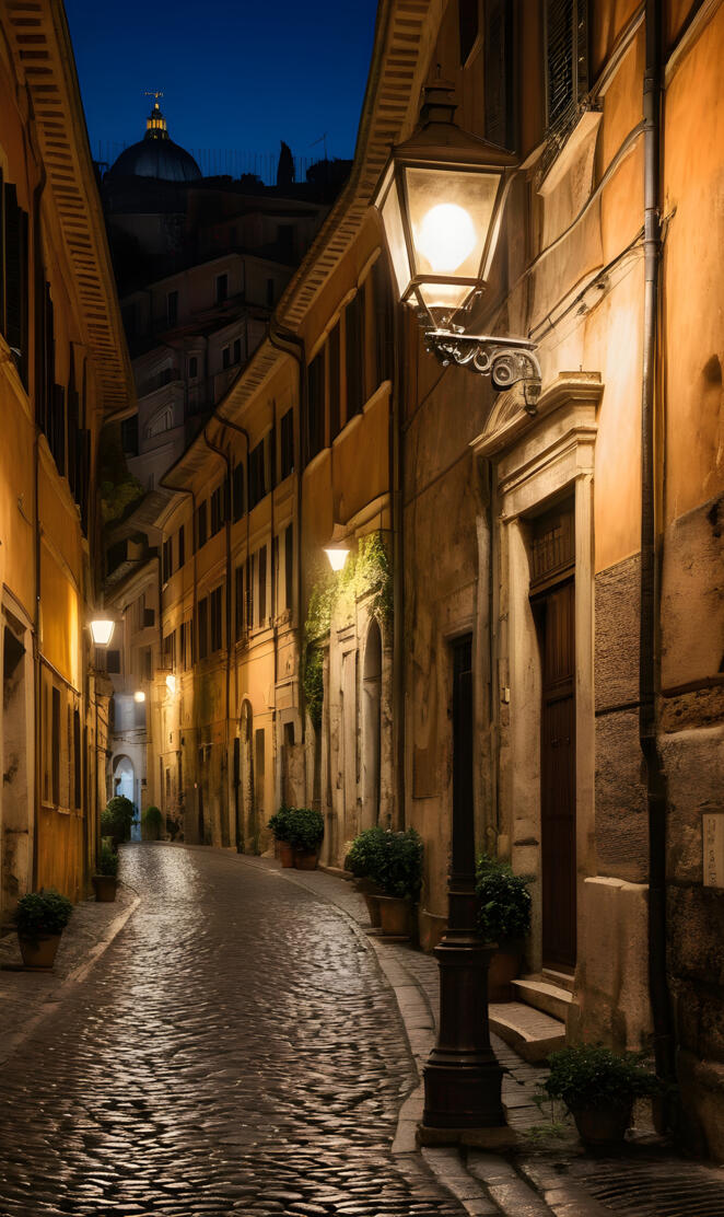 Winding Medieval Street by Lamplight