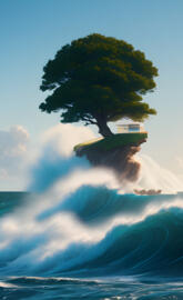 a tree on a rock in the ocean