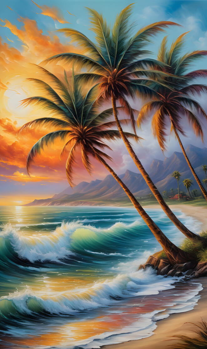 rolling waves upon palm trees