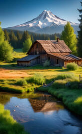 a cabin by a river with a mountain in the background