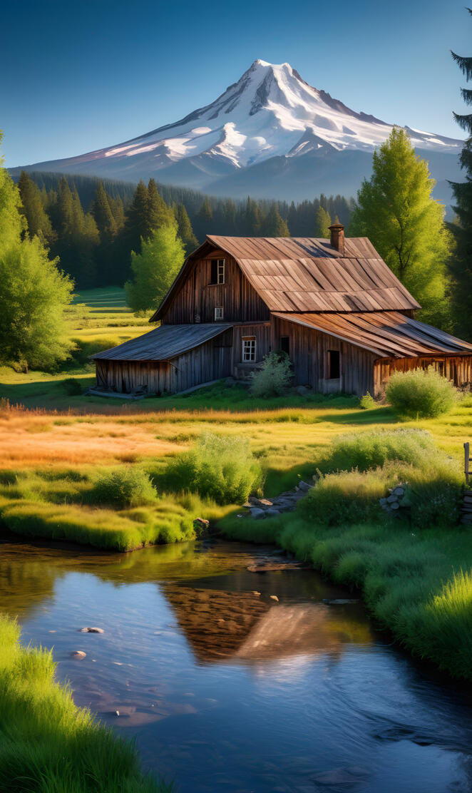 a cabin by a river with a mountain in the background