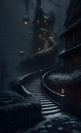 a staircase leading up to a building with snow on the ground