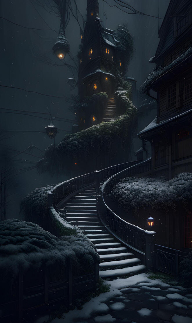 a staircase leading up to a building with snow on the ground