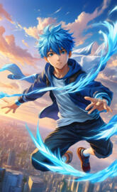 a guy with blue hair, and wind powers