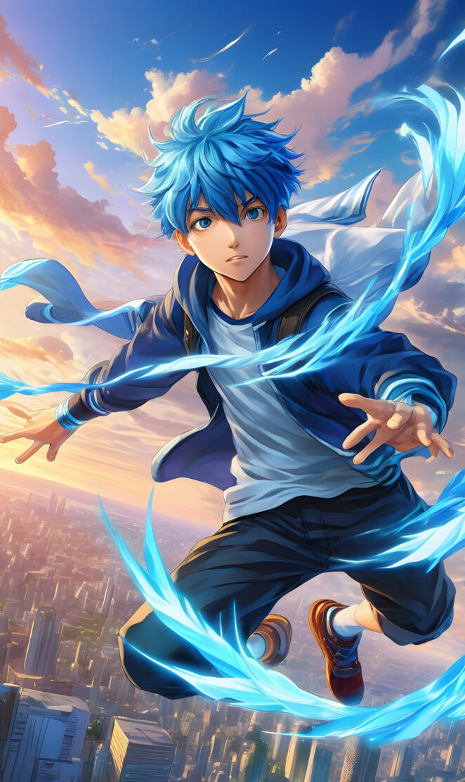 a guy with blue hair, and wind powers