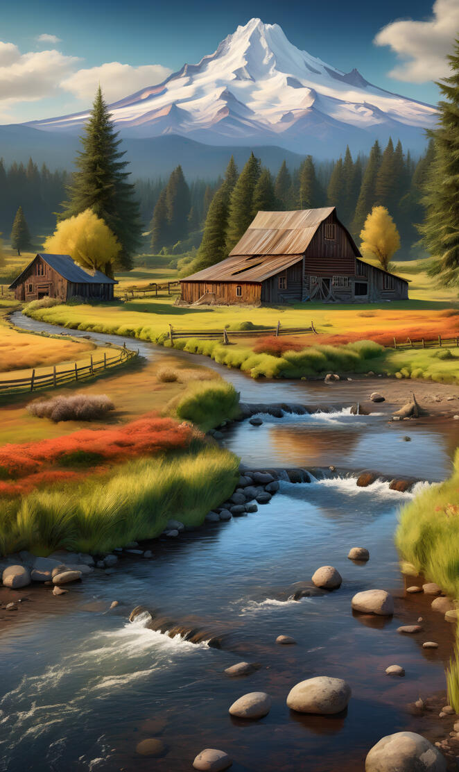 a stream with a house and trees