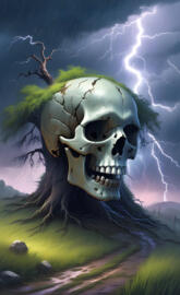 a skull with a long nose and horns in a field of grass