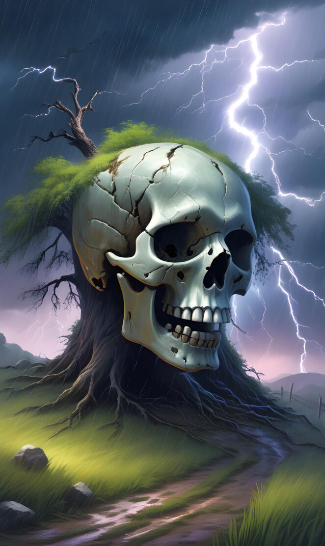 a skull with a long nose and horns in a field of grass