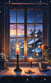 a table with a candle and flowers in front of a window