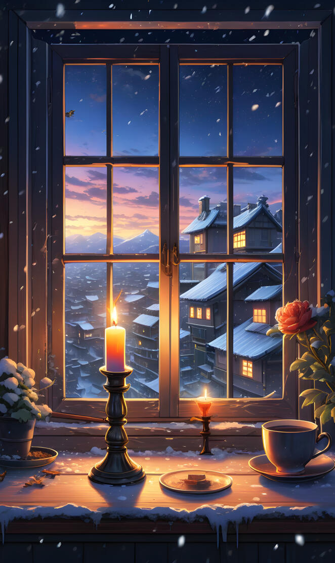 a table with a candle and flowers in front of a window