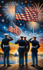 a group of men in military uniforms saluting with fireworks in the
