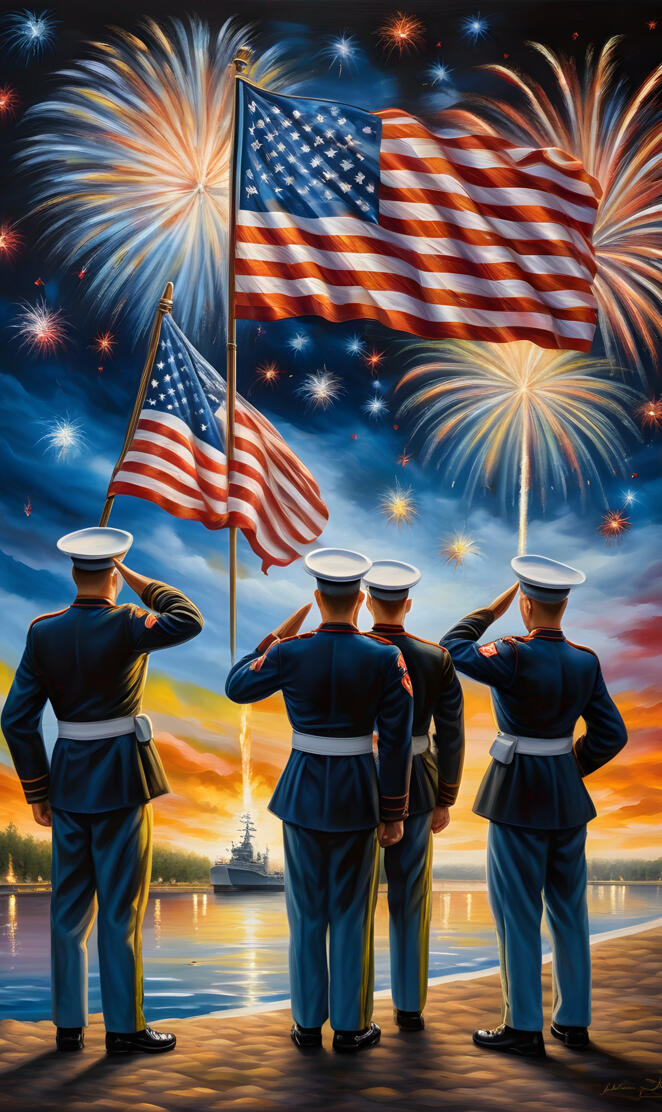 a group of men in military uniforms saluting with fireworks in the