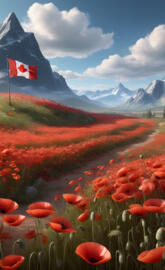 Poppy field with Canadian flag